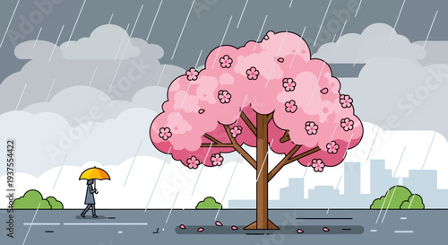 Spring Rain: Person with Umbrella Under Cherry Blossom Tree