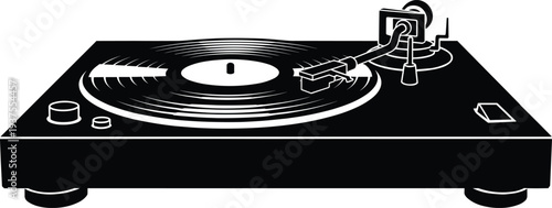 Vintage vinyl record player turntable silhouette, retro music equipment vector illustration, minimalist audio analog sound device, classic DJ gramophone