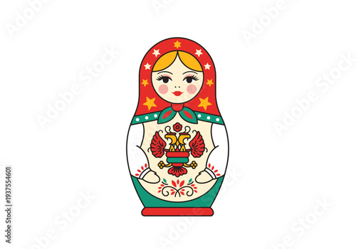Traditional Russian Nesting Doll With Ornate Folk Art Decoration And Central Emblem Centered On White Background