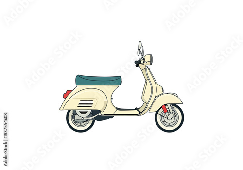 Classic Cream Scooter With Teal Seat On White Background For Transportation And Travel Concepts