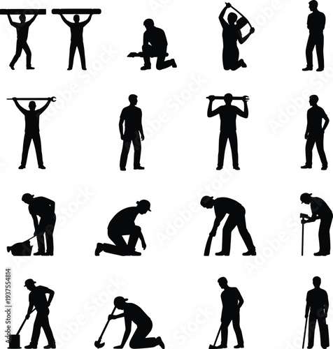 PrintConstruction silhouettes, manual labor, industrial workforce, outdoor tasks, teamwork concept, physical effort, repair work, gardening tools, diverse jobs, maintenance activity, workers