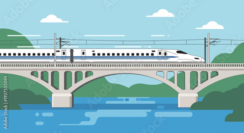 High-speed train crossing a bridge over water