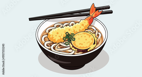 Udon Noodles with Shrimp Tempura and Eggplant