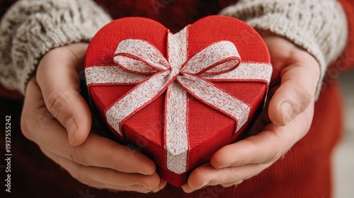 Hands holding heart-shaped gift box with pink ribbon, Valentine's Day