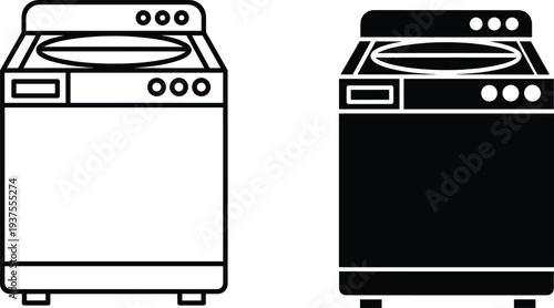 Washing machine icons, laundry appliance equipment silhouettes, household domestic electronic device vector illustrations, clean clothes service symbols collection