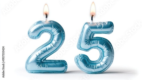 Blue number 25 candles lit for twenty-fifth birthday or anniversary