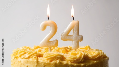 Number 24 birthday candles on yellow cake, twenty-fourth birthday