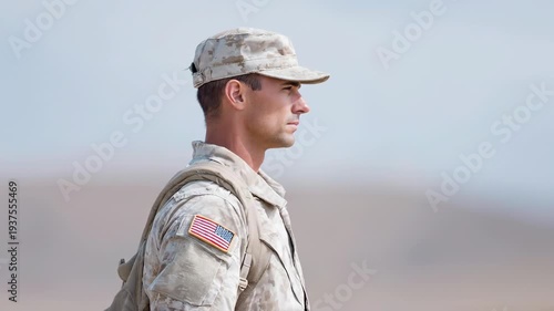 Uniformed Soldier Setting gazing distance representing saluting military service desert uniform
