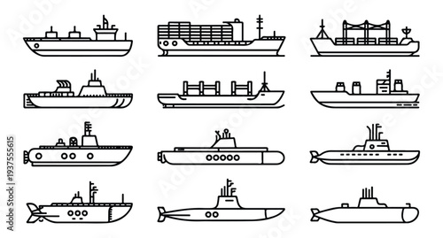 Set of black and white line art icons of various ships and submarines, outline style, side view