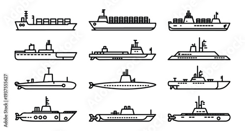 Set of black and white line art icons of various ships and submarines, outline style
