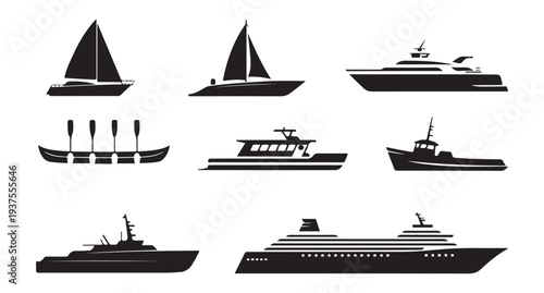 Set of black silhouette icons of various boats and ships, including sailboats and cruise liners