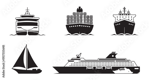 Set of black silhouette icons of various ships, including front views and a sailboat