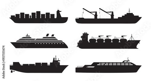 Collection of various ship silhouettes, showcasing cargo vessels, cruise ships, and tankers