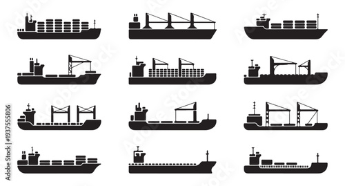 Set of ship and cargo vessel icons black silhouettes isolated on white background for shipping industry
