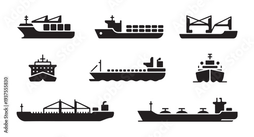 Set of ship and cargo vessel icons black silhouettes isolated on white background for shipping industry