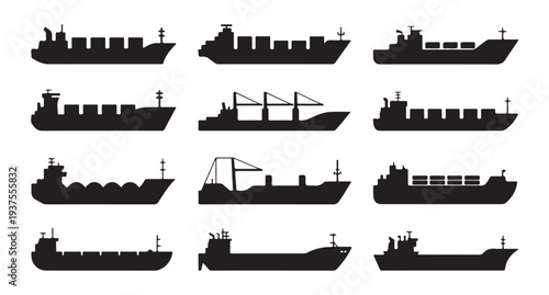 Set of ship and cargo vessel icons black silhouettes isolated on white background for shipping industry