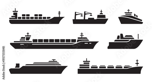 Set of various black cargo ships, cruise liners, and fishing boats isolated on white background