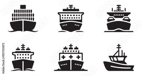Set of various black cargo ships and cruise liners front view icons on white background