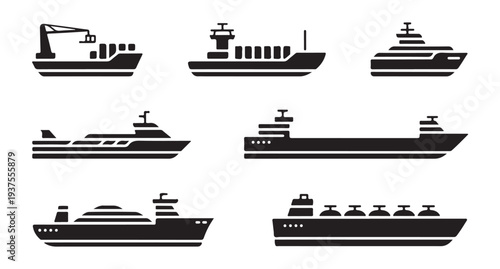 Set of various black cargo ships, yacht, and tanker vessels isolated on white background