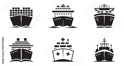 Set of black cargo ships, cruise liners, and fishing boats front view icons on white background