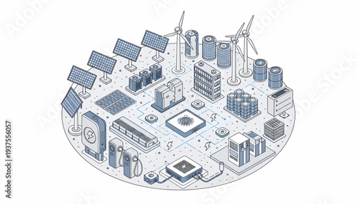Isometric illustration of a futuristic cityscape with renewable energy sources and advanced technology.