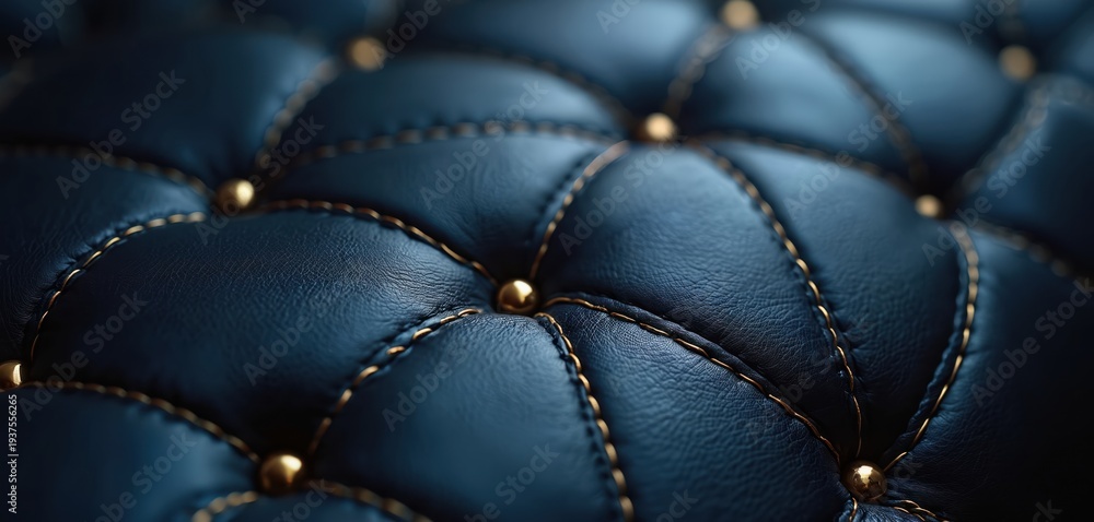 Fototapeta premium Deep navy blue quilted leather close-up shows diamond stitching and gold buttons. Elegant material forms a luxurious, plush background with rich texture suitable for premium interiors.