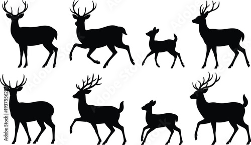 PrintDeer silhouettes, wildlife illustration, antlered stag, doe figure, young deer, forest animal, vector art, black design, nature symbol, outdoor scene