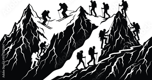 Winter mountaineering and skiing silhouettes on snowy peaks with hikers climbing and trekking for outdoor adventure vector illustration
