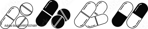 Black and white flat vector icons of medical pills and capsules for pharmacy healthcare and medicine design elements