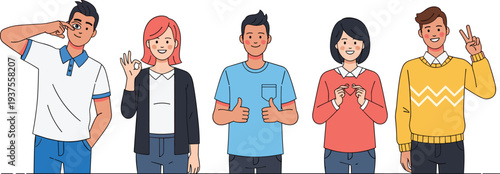 Set of diverse young people making positive hand gestures like thumbs up and heart sign for community concept