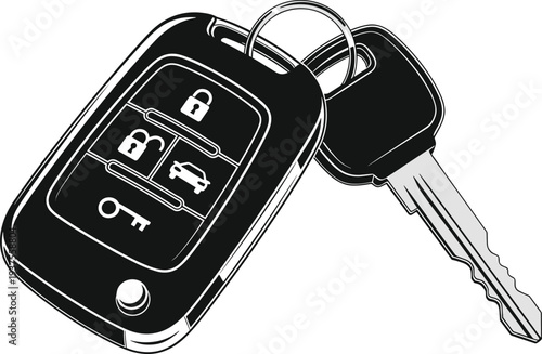 Modern car key and wireless remote control fob vector illustration in black and white line art style for security