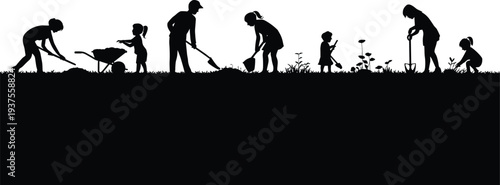 PrintGardening silhouettes, farming teamwork, family activity, children helping, adults planting, outdoor work, sustainable living, vector art, black design, community agriculture