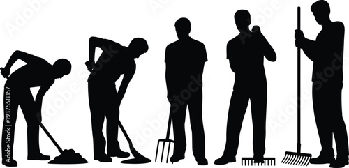 PrintGardening silhouettes, manual labor, outdoor work, landscaping tools, farming activity, maintenance 