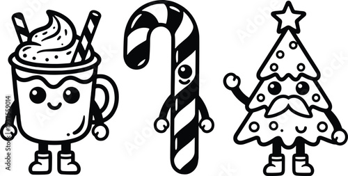 Cute Christmas characters set with hot chocolate mug, candy cane and festive tree, black and white vector illustration isolated on white background