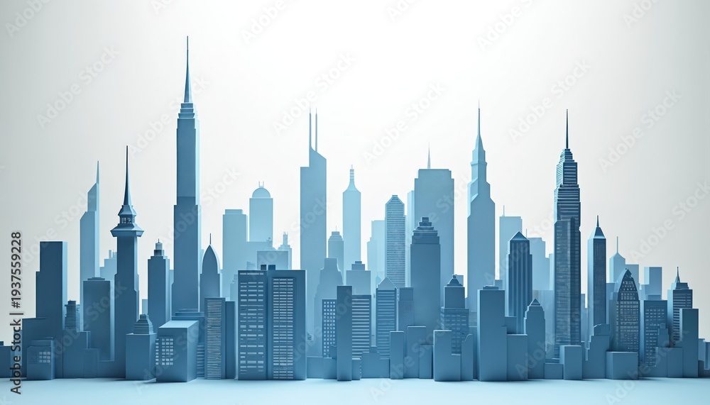 Fototapeta premium Modern city skyline paper cutout art. Diverse skyscrapers and buildings form an urban landscape. Clean white background isolates the blue cityscape structure. Represents city growth and development.