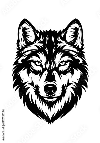 A striking black-and-white vector illustration features a fiercely symmetrical wolf head with piercing eyes, defined by bold, jagged lines that evoke a sense of untamed wilderness and pure, raw power