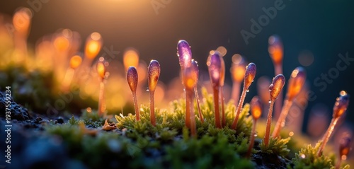 Moss sporophytes with dew drops glow in warm backlit sun. Tiny plants with purple caps show delicate water beads, creating magical nature macro view with bokeh. Life and growth.
