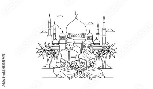 Minimalist continuous line Muslim couple reading Quran with mosque and palm trees vector illustration