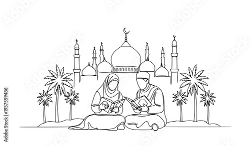 Muslim couple reading Quran with mosque line art vector illustration Islamic family worship concept
