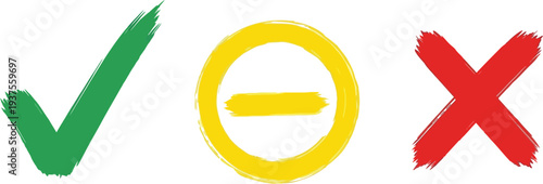 Green check mark yellow minus and red cross symbols