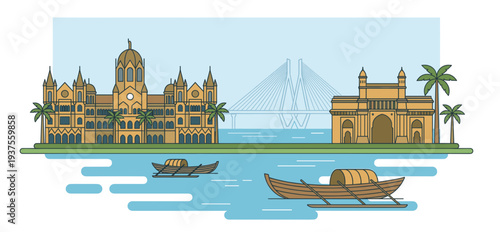 Colorful flat line art city skyline vector illustration with sea bridge, historic buildings, traditional boats and palm trees, a scenic summer travel destination to uttarakhand.