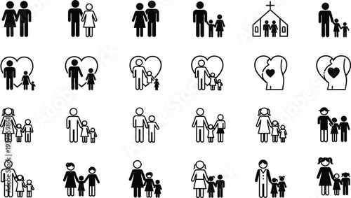 Black Silhouette Vector Icon Set of Family Life Stages Including Couples Parents With Children Pregnancy Symbols Single Parents And Diverse Multi Generational Family Units