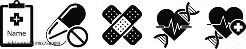 Set of black medical icons featuring clipboard pill capsule adhesive bandage heartbeat and DNA symbols for healthcare insurance concept