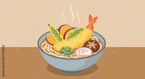 Japanese Udon Noodle Soup with Shrimp Tempura