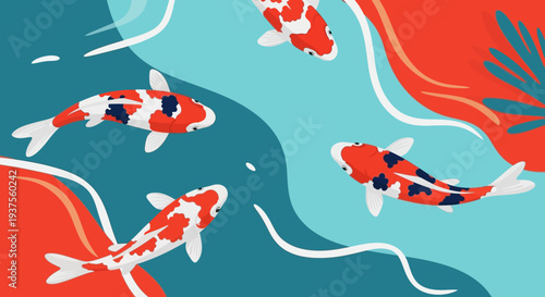 Koi Fish Swimming in Blue Water with Red Accents