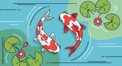 Koi Fish Swimming in Pond with Lily Pads