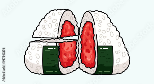 Onigiri rice ball cut in half with tuna filling