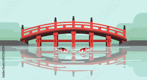 Red Japanese Bridge Over Water With Koi Fish
