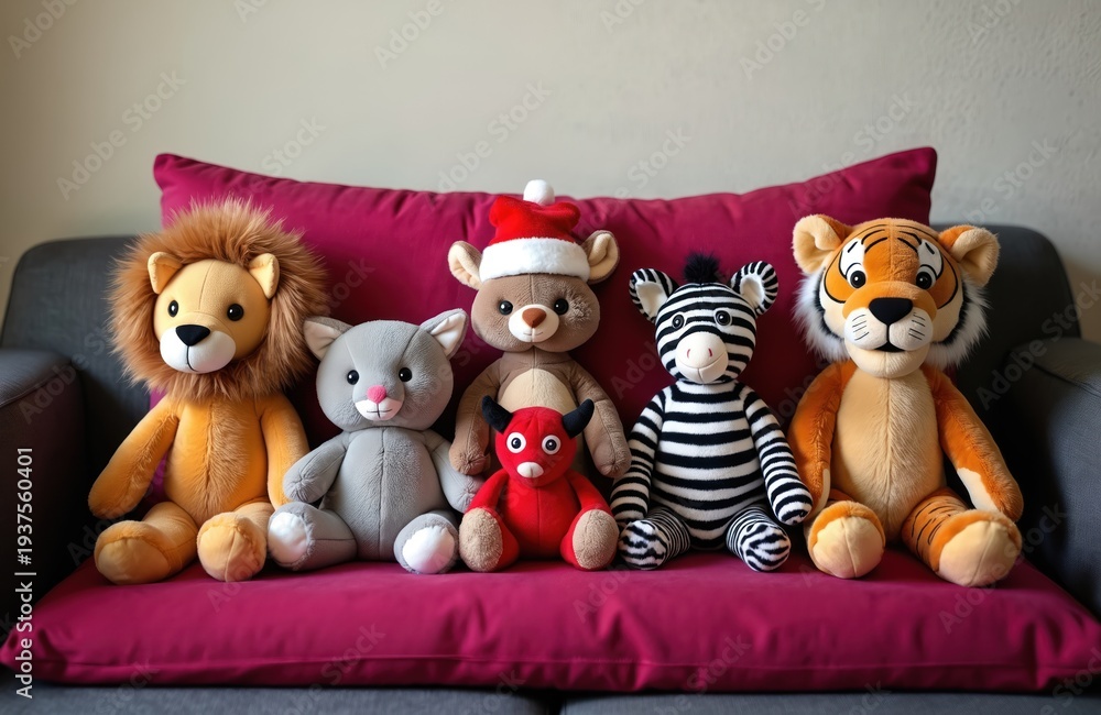 Obraz premium Five plush toys lion, cat, bear, zebra, tiger sit on a red cushion. One bear toy wears a Santa hat. Group of stuffed animals posing together indoors.
