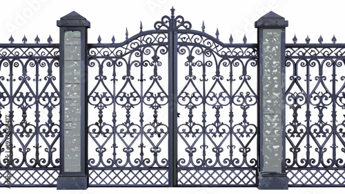 Elaborate wrought iron gate with decorative flourishes and stone pillars